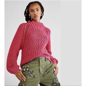 Free People Chunky Knit Sweetheart Mock Neck Sweater Pink Size Medium